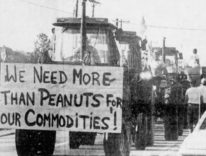 Farmers lead a protest against low commodity prices on Route 31 South in New Jersey in advance of President Ronald Regan's visit on Sept. 17, 1982.